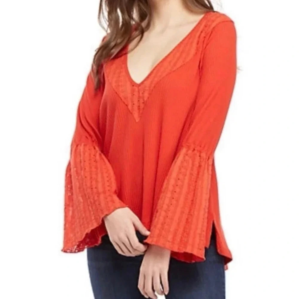 Free People NWT Boho Bell Sleeve Waffle Textured Blouse Orange Parisian Size XS